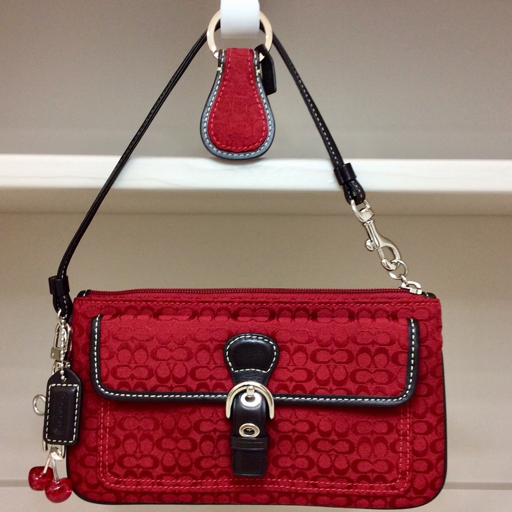 Coach Vintage Y2K Wristlet Red Brown Leather Trim Pouch Authentic Key Fob Set